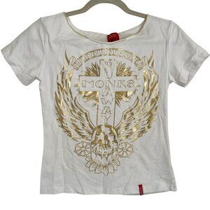 Miss Sixty Vtg Y2K Baby Tee M Italian Runaway Monks Budduist Punk Cross Wings